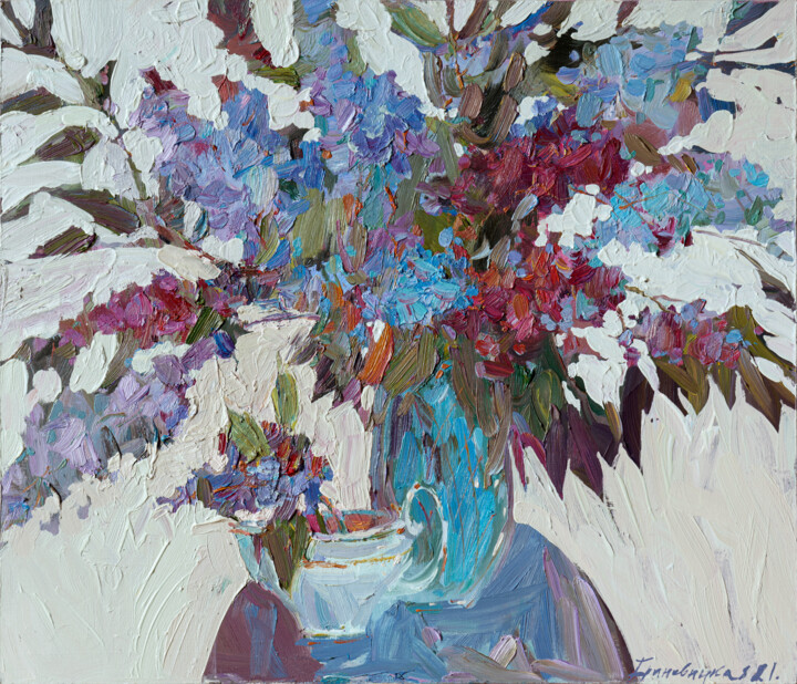 Pintura intitulada "Lilac branches in a…" por Elena Branovitskaya, Obras de arte originais, Óleo Montado em Armação em madei…
