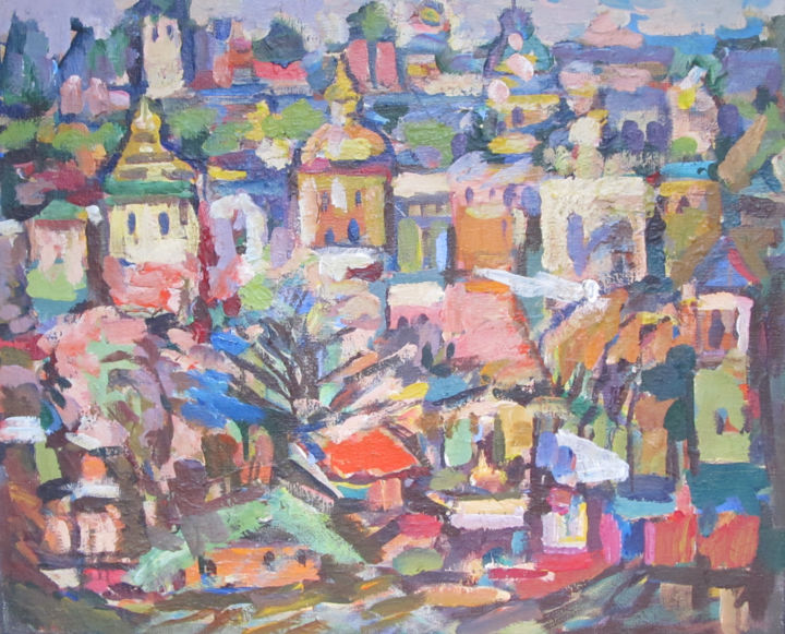 Painting titled "Городской пейзаж" by Elena Burova, Original Artwork, Oil