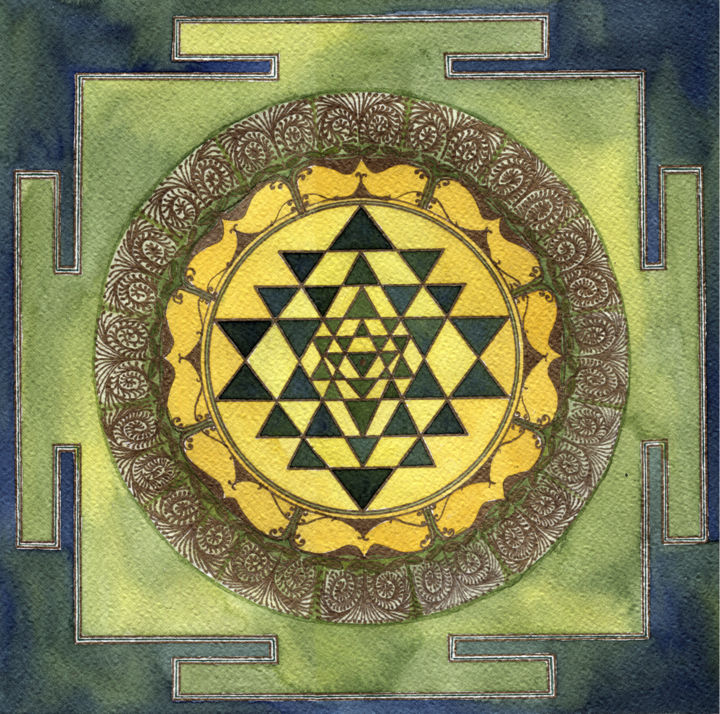 Peinture intitulée "Shri Yantra Flowing…" par Esserenza, Œuvre d'art originale, Aquarelle