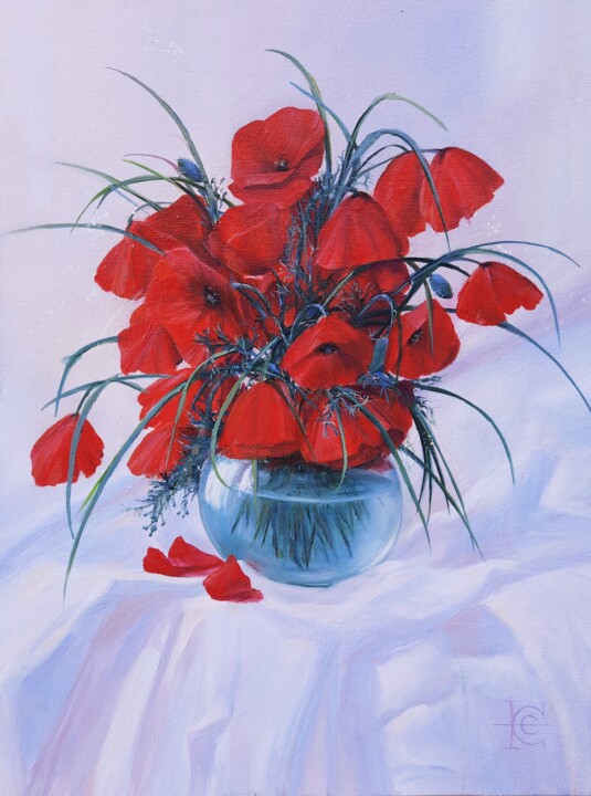 Painting titled ""Coquelicots sur bl…" by Elena Cotté, Original Artwork, Oil Mounted on Wood Stretcher frame