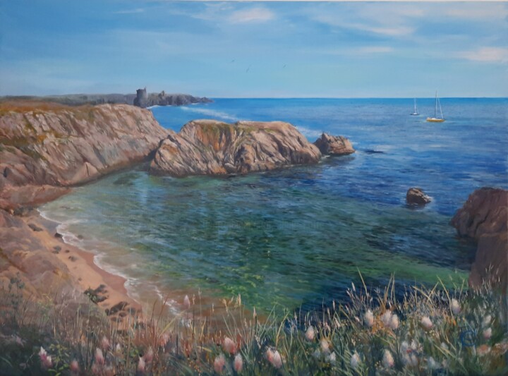 Painting titled ""Plage de la Rais d…" by Elena Cotté, Original Artwork, Oil Mounted on Wood Stretcher frame