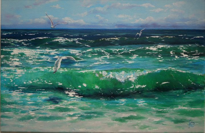 Painting titled "Vagues et  mouettes" by Elena Cotté, Original Artwork, Acrylic Mounted on Wood Stretcher frame