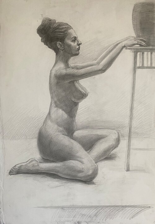 Drawing titled "Lady and a vase" by Elena Done, Original Artwork, Pencil