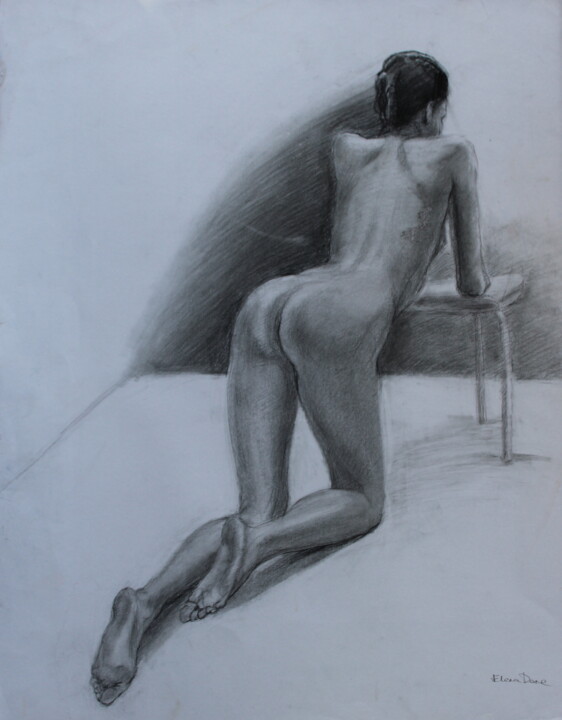 Dibujo titulada "Lady and a tabouret" por Elena Done, Obra de arte original, Lápiz