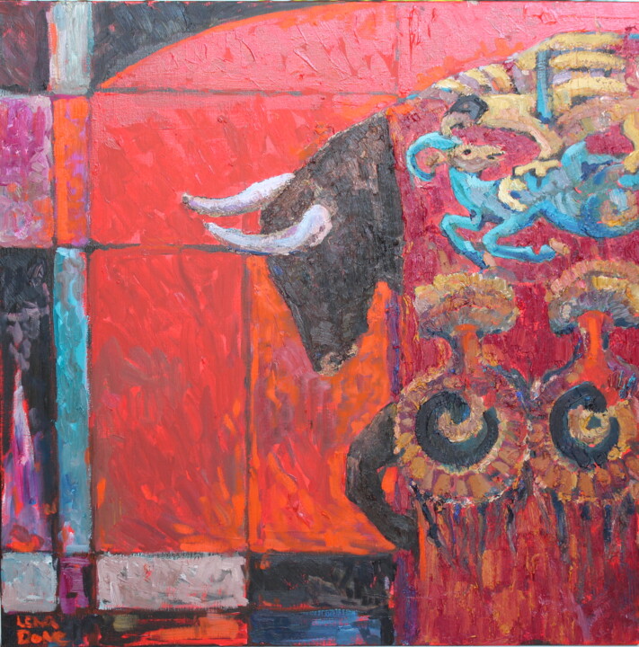 Painting titled "Toro" by Elena Done, Original Artwork, Oil Mounted on Wood Stretcher frame