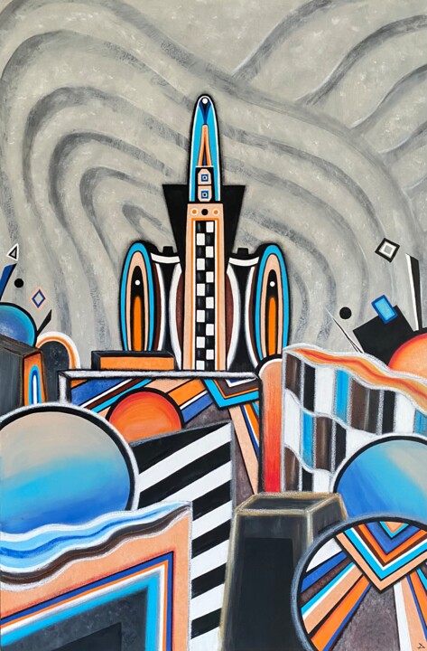 「Cities Part 4」というタイトルの絵画 Elena Dorofeevaによって, オリジナルのアートワーク, アクリル ウッドパネルにマウント