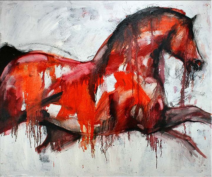 「rotes Pferd - Droby…」というタイトルの絵画 Elena Drobychevskajaによって, オリジナルのアートワーク, オイル