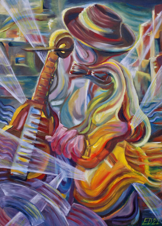 Schilderij getiteld "Street music" door Elena Dunaeva, Origineel Kunstwerk, Acryl Gemonteerd op Frame voor houten brancard