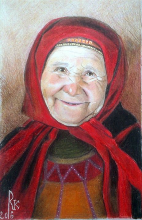 Drawing titled "Babushka" by Margarita Glushko, Original Artwork, Conté