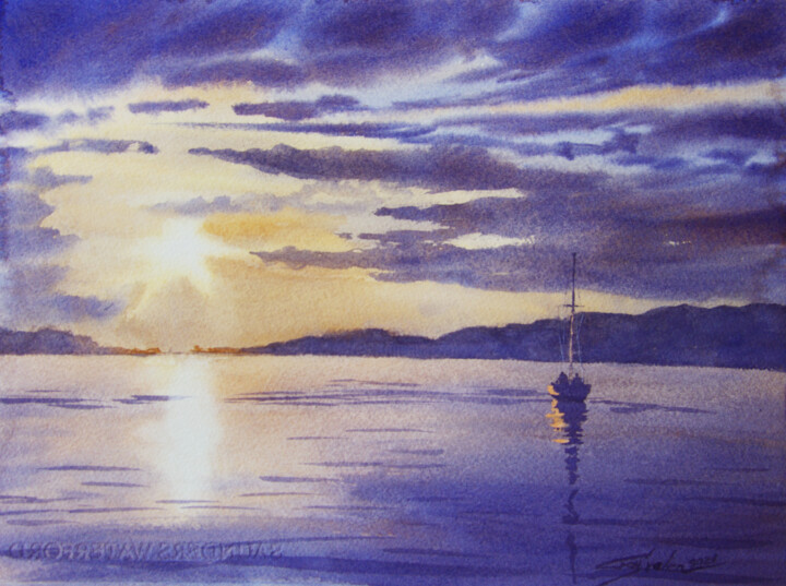 Painting titled "Yacht at sunset" by Elena Gaivoronskaia, Original Artwork, Watercolor