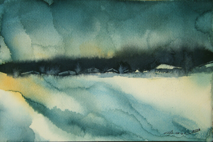 Painting titled "Abstract winter lan…" by Elena Gaivoronskaia, Original Artwork, Watercolor