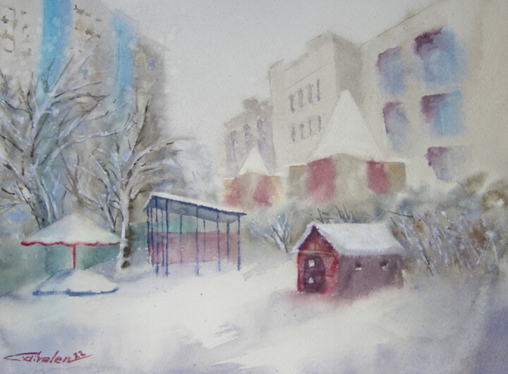 Картина под названием "Winter patio" - Elena Gaivoronskaia, Подлинное произведение искусства, Акварель