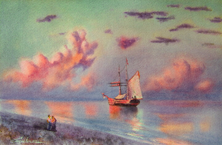 Malerei mit dem Titel "Enchanting sunset" von Elena Gaivoronskaia, Original-Kunstwerk, Aquarell