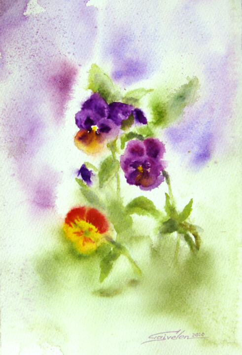 Peinture intitulée "Pansies" par Elena Gaivoronskaia, Œuvre d'art originale, Aquarelle