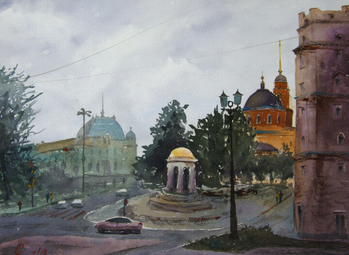 Картина под названием "City scene before r…" - Elena Gaivoronskaia, Подлинное произведение искусства, Акварель