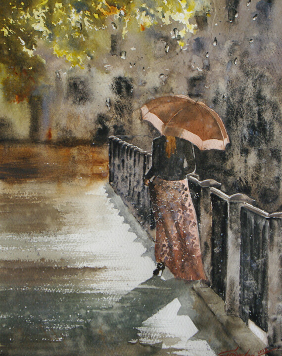 Peinture intitulée "Summer rain" par Elena Gaivoronskaia, Œuvre d'art originale, Aquarelle