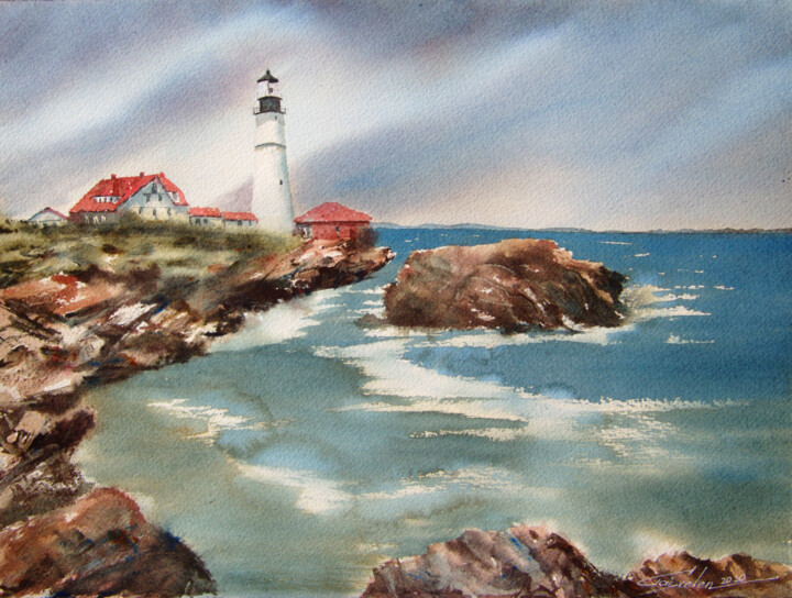 Painting titled "Portland lighthouse" by Elena Gaivoronskaia, Original Artwork, Watercolor