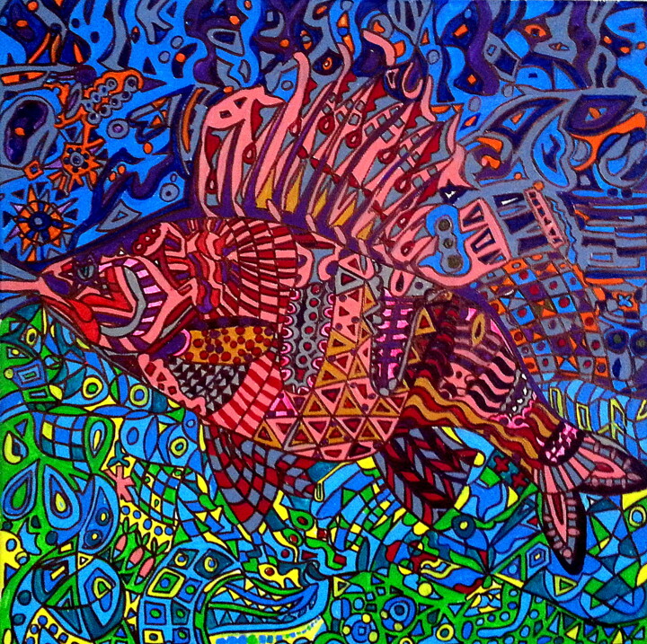 Painting titled "Red Fish" by Elena Giger, Original Artwork, Acrylic Mounted on Wood Stretcher frame