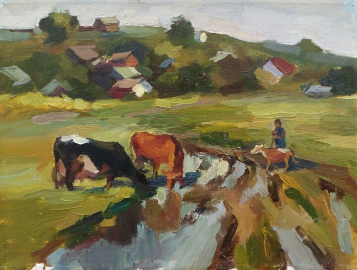 Картина под названием "«В деревне»" - Елена Гришина, Подлинное произведение искусства, Масло
