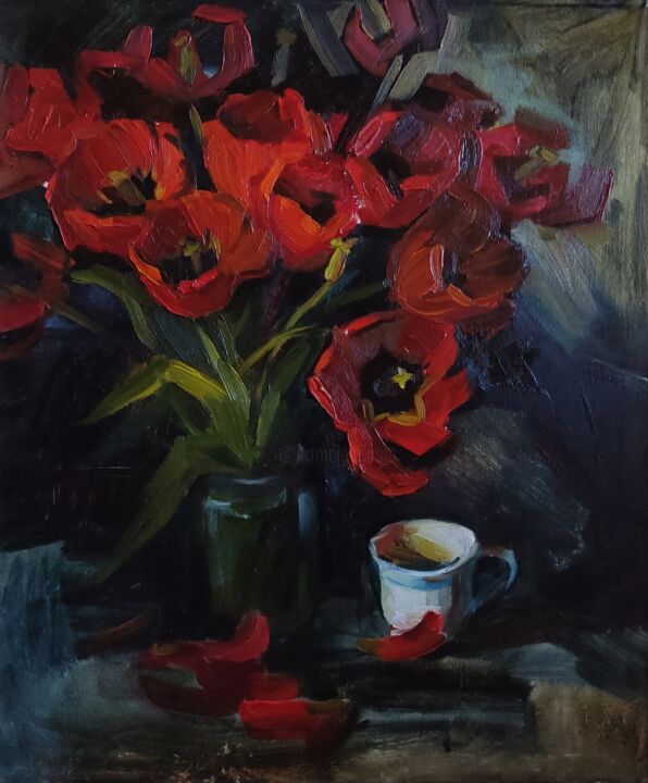 Painting titled "«Красные тюльпаны»." by Elena Grishina, Original Artwork, Oil