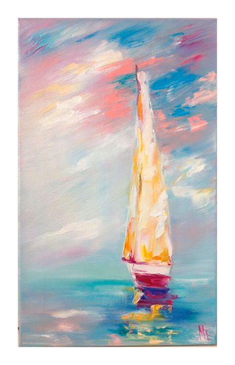 Schilderij getiteld "Sailboat" door Elena Hontar, Origineel Kunstwerk, Olie