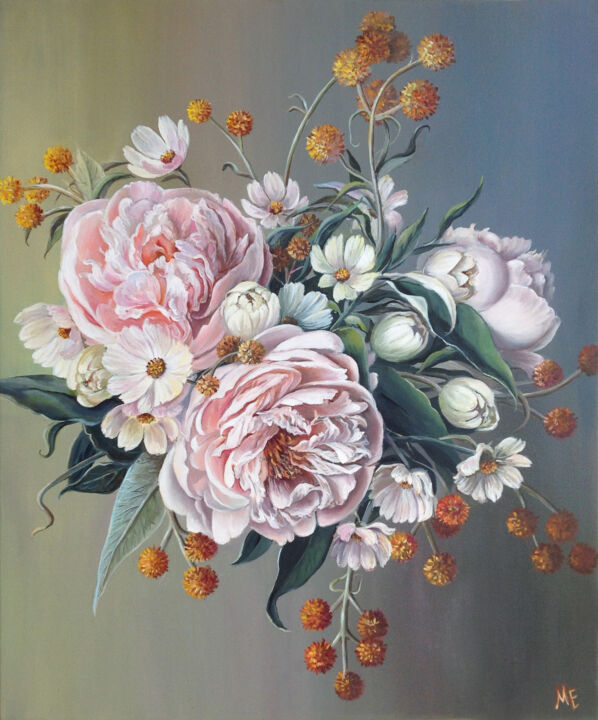 Painting titled "Bouquet with peonies" by Elena Hontar, Original Artwork, Oil