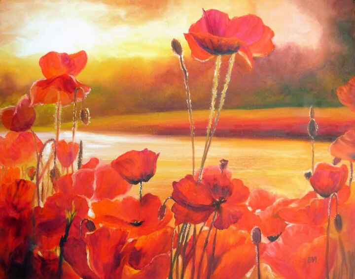 Painting titled "Poppies Floral Orig…" by Elena Ivanova, Original Artwork, Oil Mounted on Wood Stretcher frame