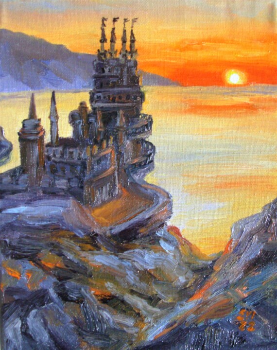 Painting titled "Castle Seascape Ori…" by Elena Ivanova, Original Artwork, Oil Mounted on Wood Stretcher frame