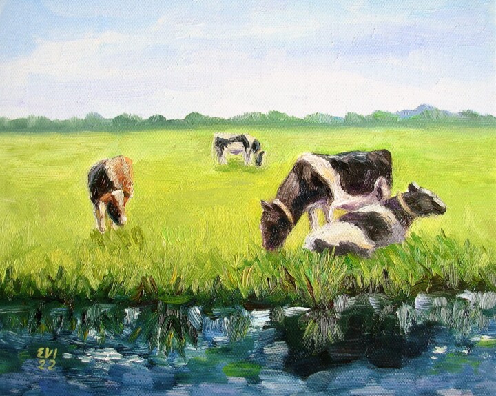 Painting titled "Cows Animal Origina…" by Elena Ivanova, Original Artwork, Oil Mounted on Cardboard