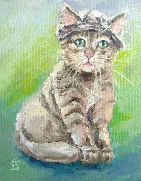 Painting titled "Cat in hat Animal O…" by Elena Ivanova, Original Artwork, Oil Mounted on Cardboard