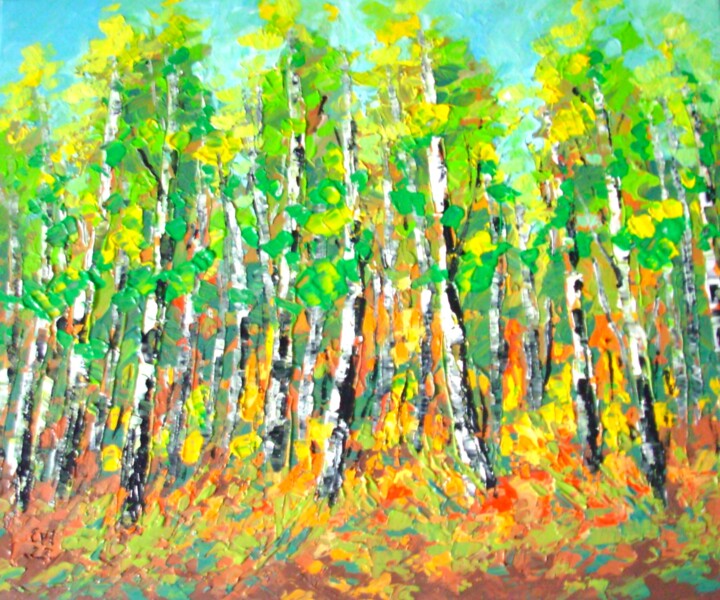 Painting titled "Birch trees Landsca…" by Elena Ivanova, Original Artwork, Acrylic Mounted on Wood Stretcher frame
