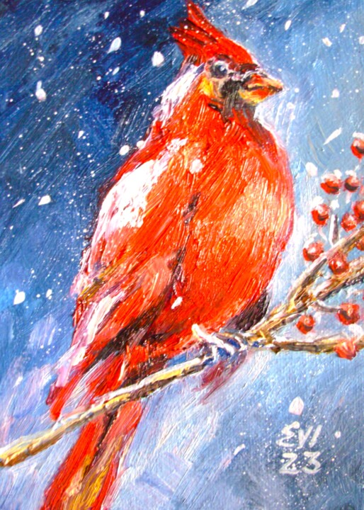 Painting titled "Red Cardinal Bird O…" by Elena Ivanova, Original Artwork, Oil Mounted on Cardboard