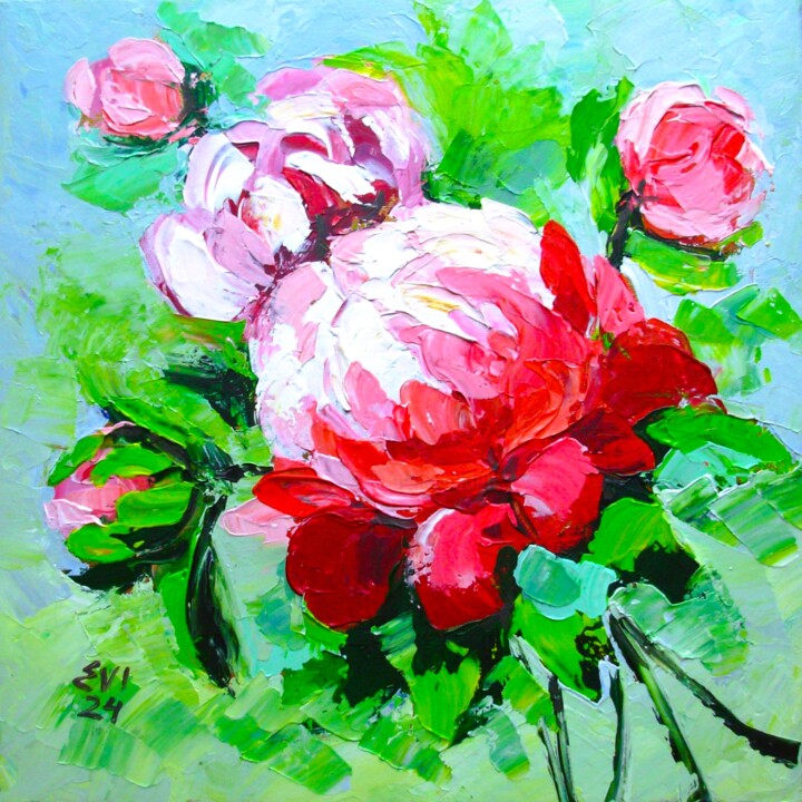 Painting titled "Peonies Floral Orig…" by Elena Ivanova, Original Artwork, Acrylic Mounted on Wood Stretcher frame