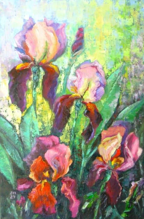 Painting titled "Irises Flowers Orig…" by Elena Ivanova, Original Artwork, Oil Mounted on Wood Stretcher frame