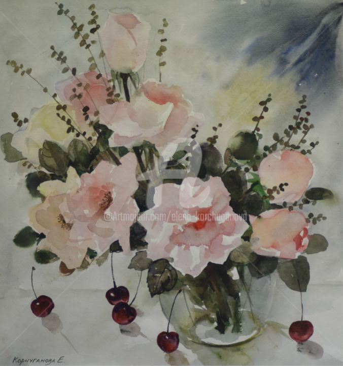 Schilderij getiteld "Flowers 1 by Elena…" door Elena Korchuganova, Origineel Kunstwerk, Aquarel