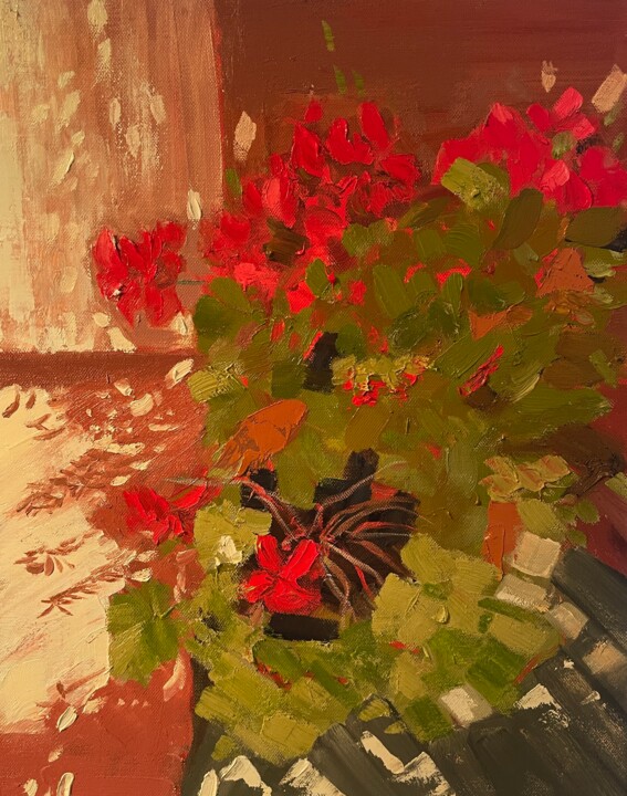 Painting titled "Geranium" by Elena Kovalskaya, Original Artwork, Oil