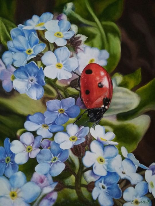 Картина под названием "Ladybug on forget-m…" - Elena Kozyutenko, Подлинное произведение искусства, Масло