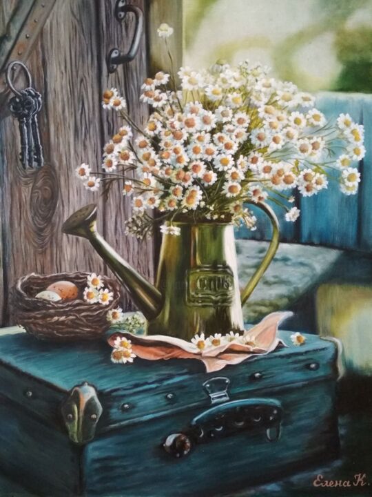 Painting titled "Bouquet of daisies…" by Elena Kozyutenko, Original Artwork, Oil