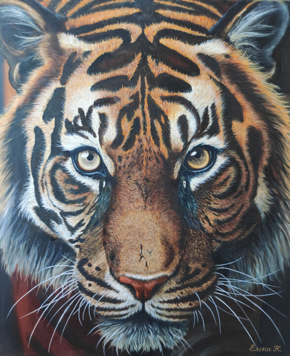 Картина под названием "Tiger look" - Elena Kozyutenko, Подлинное произведение искусства, Масло Установлен на Деревянная рама…