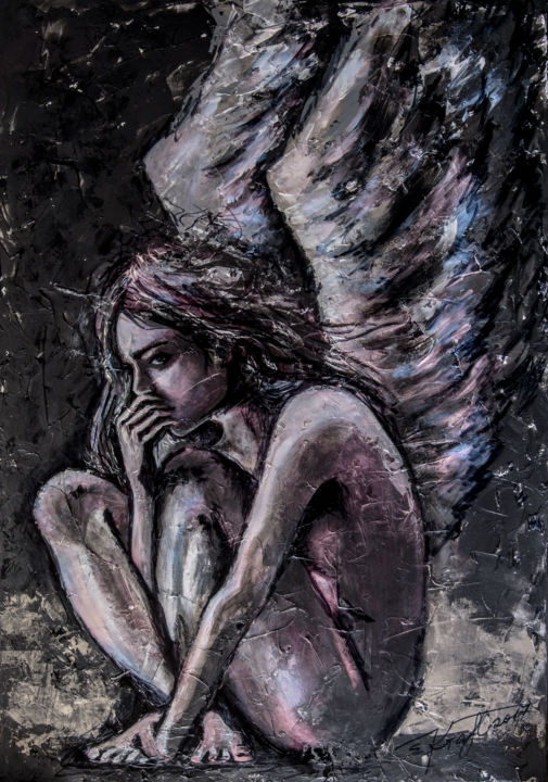 Painting titled ""Fallen angel" 70x1…" by Elena Kraft, Original Artwork, Acrylic Mounted on Wood Stretcher frame