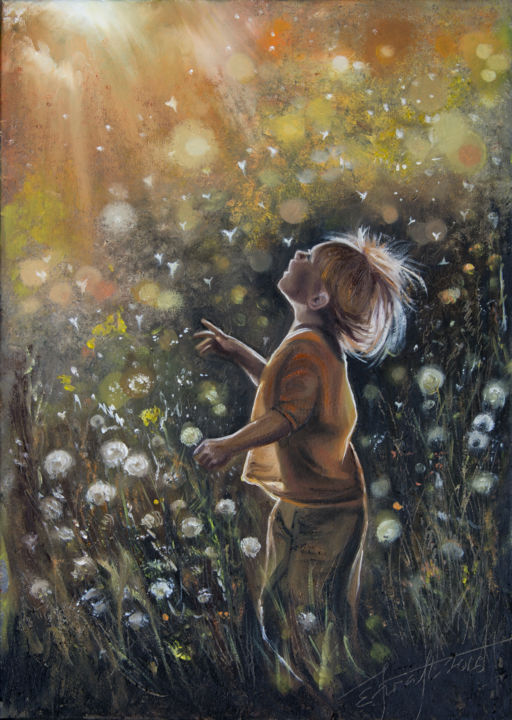 Картина под названием ""Dandelion"80x60x2…" - Elena Kraft, Подлинное произведение искусства, Масло Установлен на Деревянная…