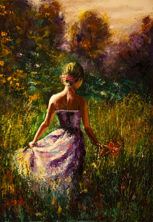 Painting titled ""Endless summer"" by Elena Kraft, Original Artwork, Oil Mounted on Wood Stretcher frame
