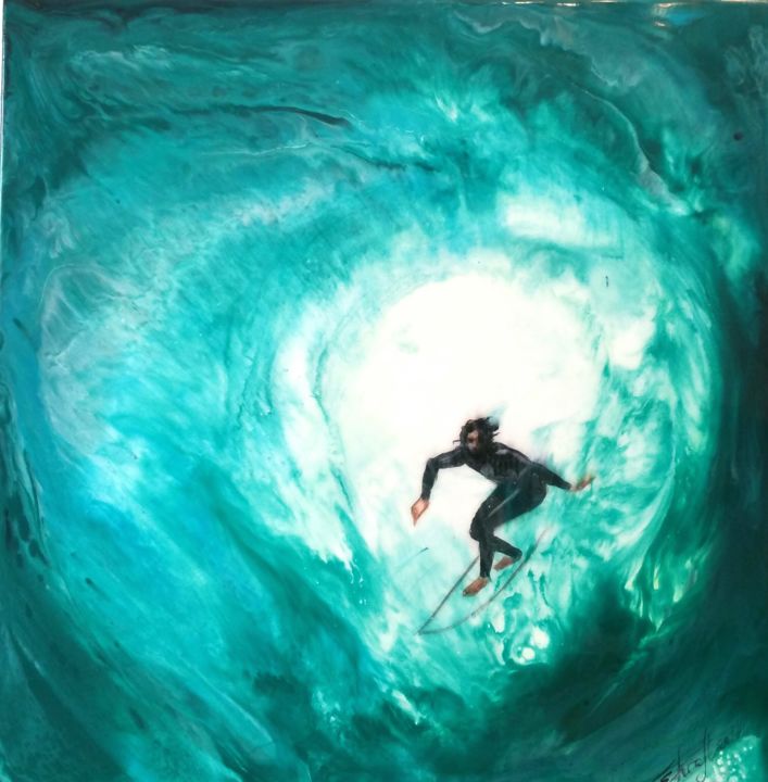 Painting titled ""Surfer"60×60×1cm." by Elena Kraft, Original Artwork, Acrylic Mounted on Wood Panel