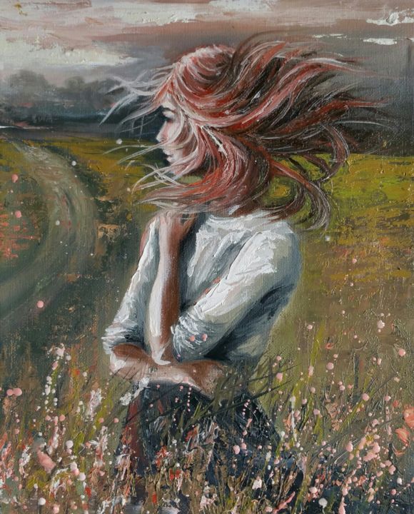 Painting titled ""Ginger  wind" 24x3…" by Elena Kraft, Original Artwork, Oil Mounted on Wood Stretcher frame