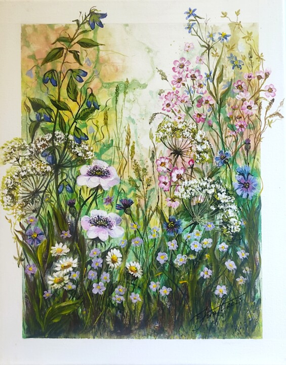 Peinture intitulée ""Summer meadow II"" par Elena Kraft, Œuvre d'art originale, Acrylique