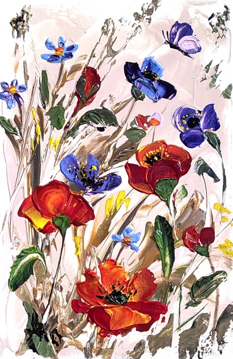 Painting titled ""FLOWER FANTASY"" by Elena Kraft, Original Artwork, Acrylic Mounted on Wood Stretcher frame