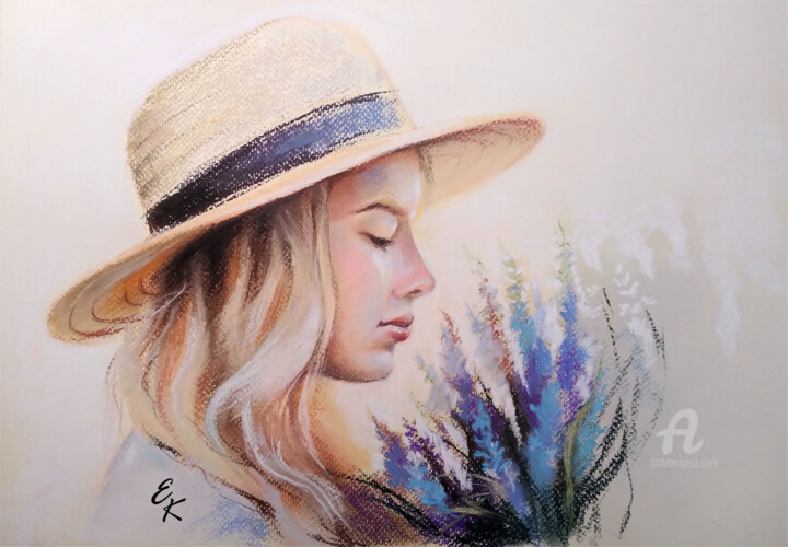 Картина под названием "Portrait with a hat" - Elena Kurnosova, Подлинное произведение искусства, Пастель