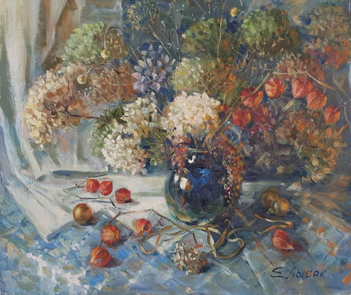 Painting titled "Still life with  dr…" by Elena Lysak, Original Artwork, Oil