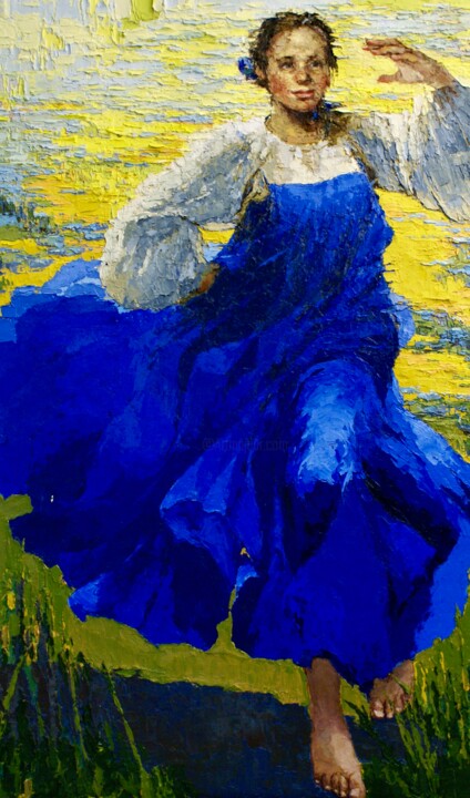 Painting titled "Blue Dress" by Elena Mashajeva-Agraphiotis, Original Artwork, Oil