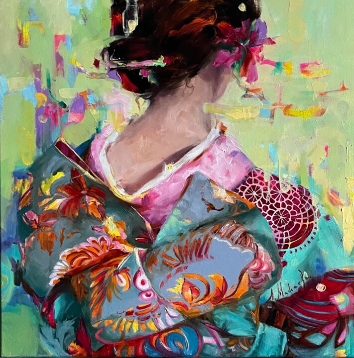 Painting titled "CONFETTI -GIRL IN K…" by Elena Mashajeva-Agraphiotis, Original Artwork, Oil
